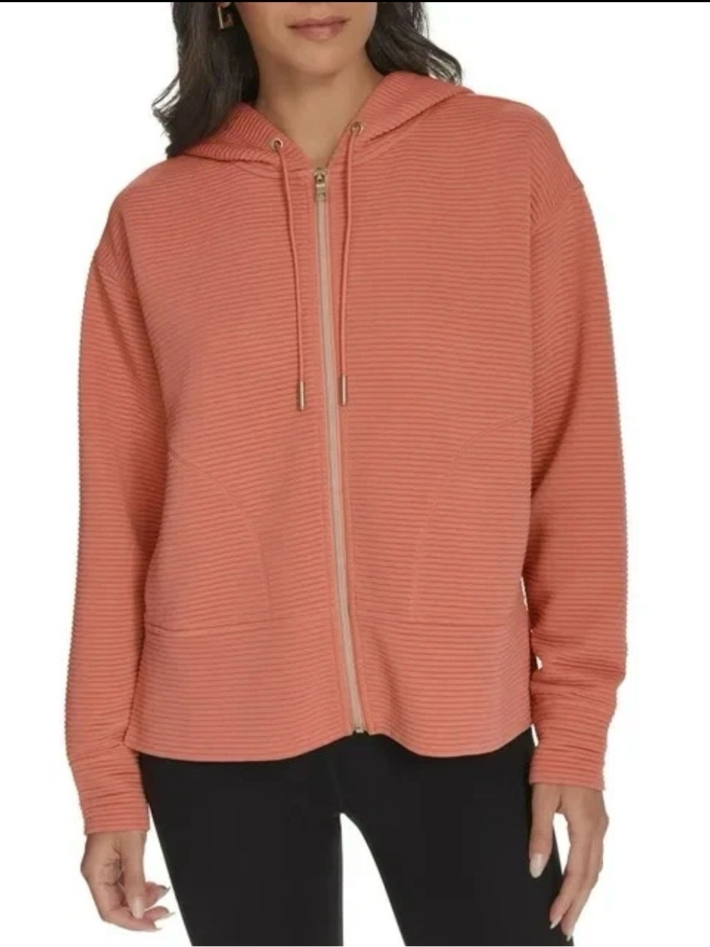 DKNY Coral Ribbed Zip Hoodie jacket Women’s XL Soft Ottoman Tech Pockets